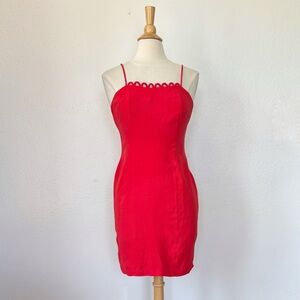 Vintage Solid Red Scalloped Sleeveless Cocktail Sheath Dress